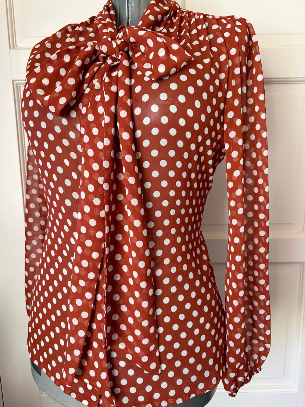 eva mendes for New York & Company Rust and White Polka Dot Bow-Neck Blouse